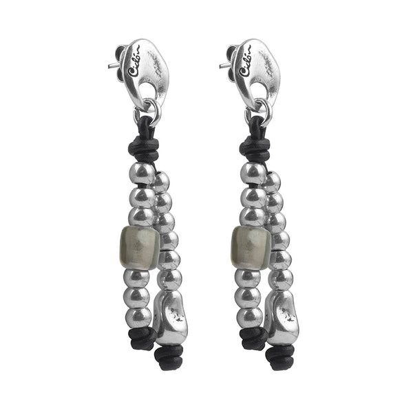 CICLÓN™ Long Black Leather Dangling Earrings with Murano Glass Bead Push Back Closure