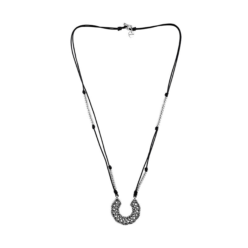 CICLÓN™ Díscola Punching Black Leather Pattern Long Chain Necklace